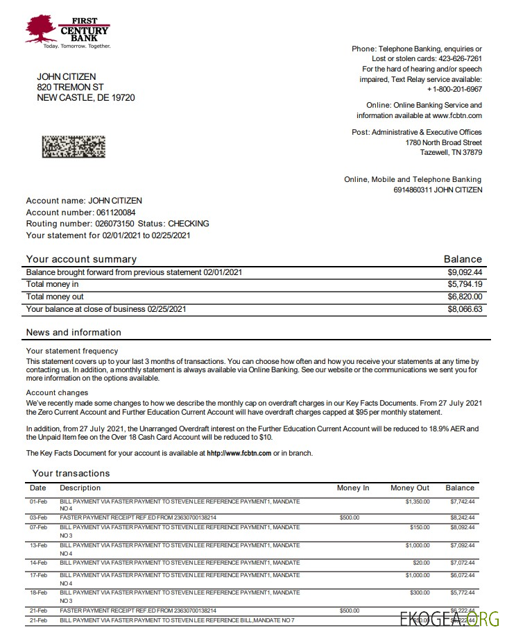 Relevé bancaire du premier siècle aux États Unis